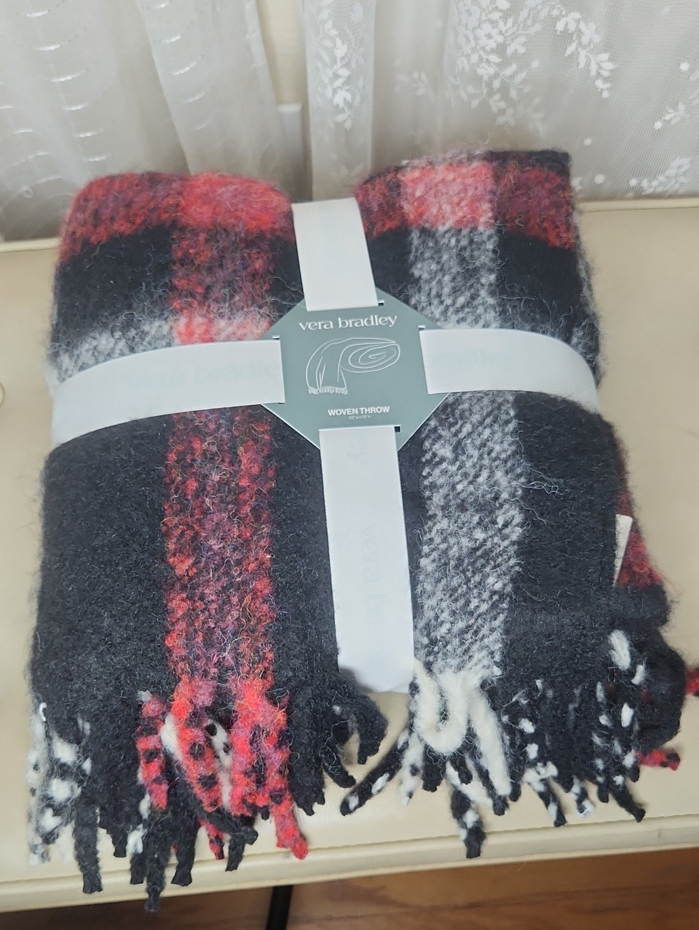 New Vera Bradley throw size 50”x70”, red black and white check print